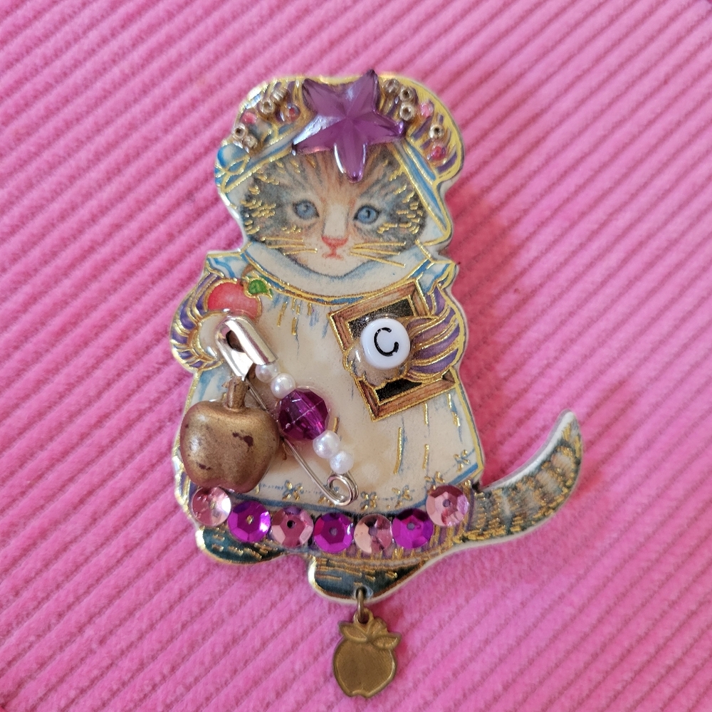 Handcrafted Cute Cat Pin Brooch ~ Embellished ~ Teacher ~ Kitten ~ Apple